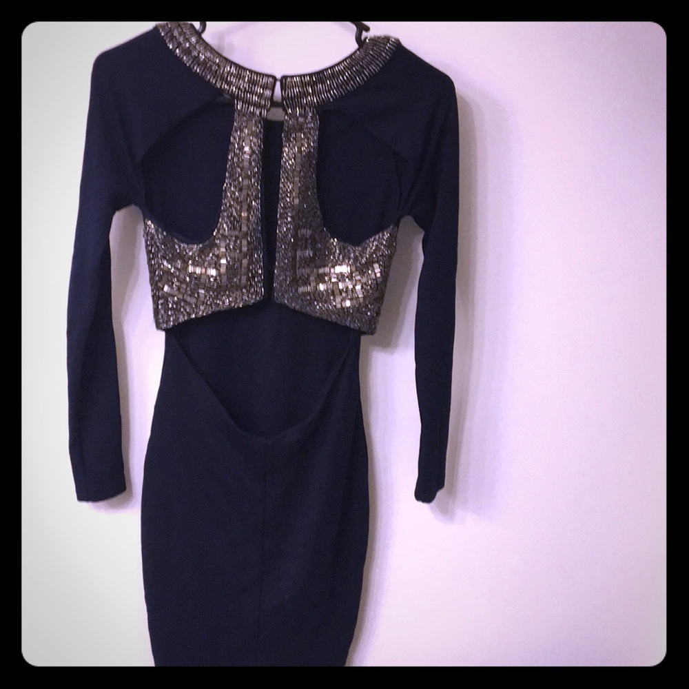 ASOS semi backless navy blue Long-sleeved dress XS